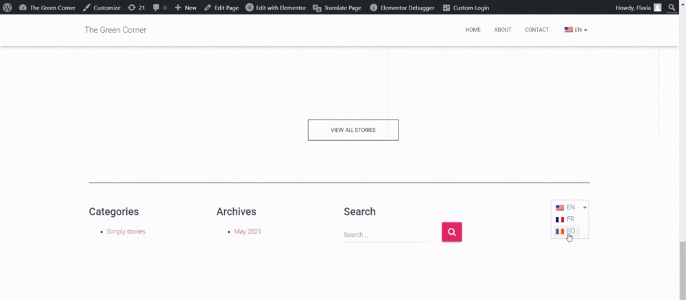 Exibição do widget do seletor de idioma