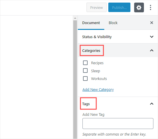 Adicionando categorias e tags ao criar uma postagem
