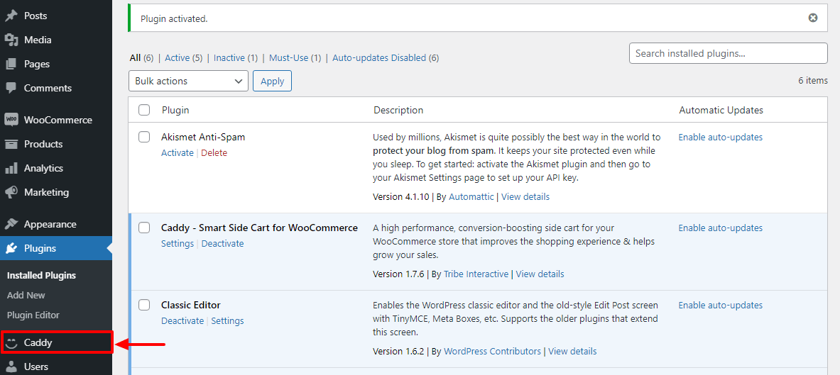 item de menu caddy no wordpress