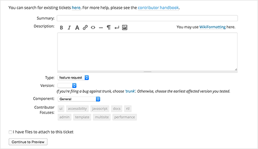 Abrindo um novo ticket para sugestão de recurso no WordPress