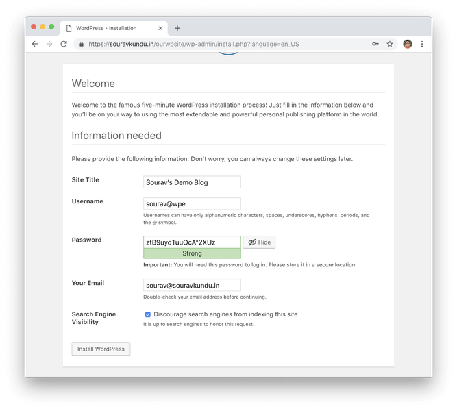 wordpress 5 minutos instalar 5 informações de configuração do site