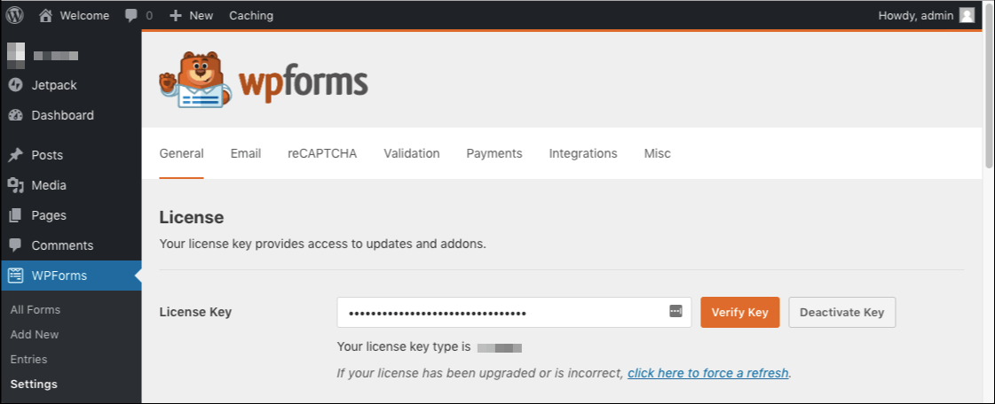 Chave de licença do WPForms