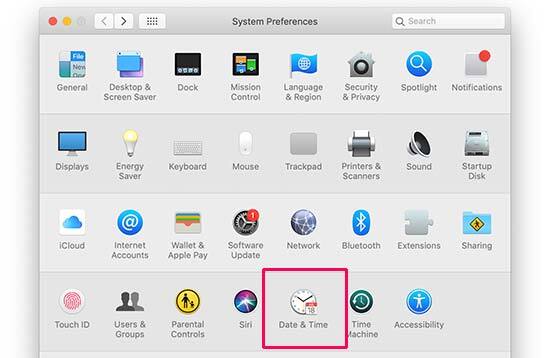 Configurações de data e hora no Mac