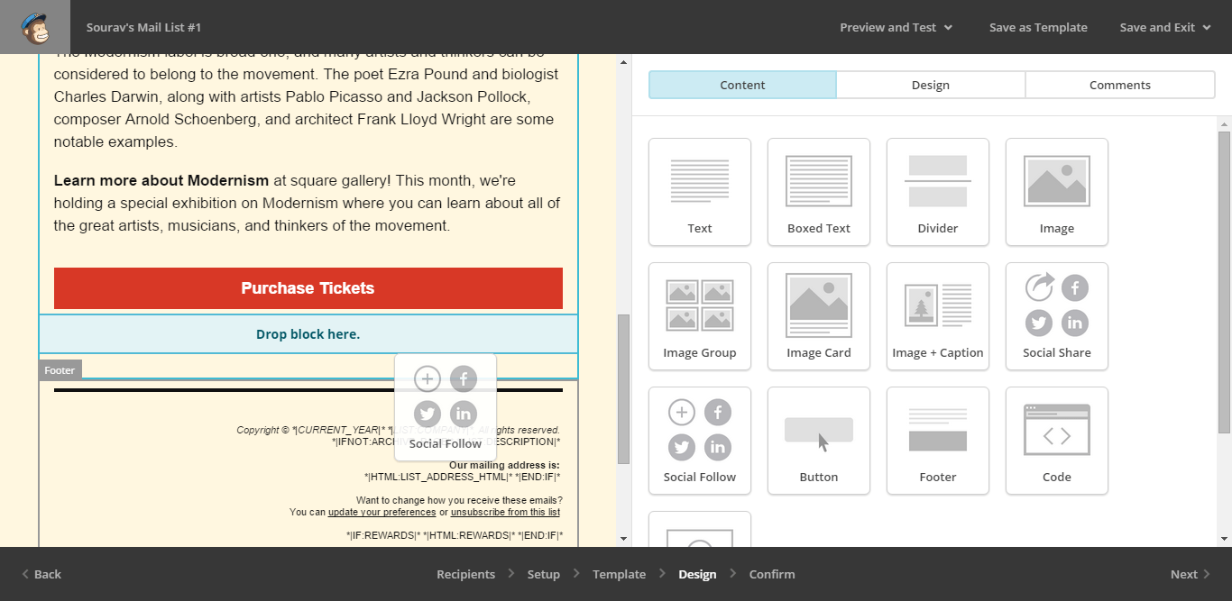 Designer de modelo de arrastar e soltar do MailChimp