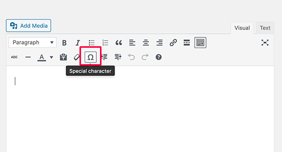 Botão de caracteres especiais no editor antigo