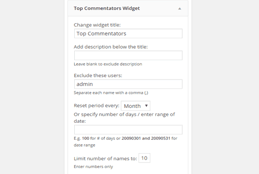 Configurações do widget de principais comentadores