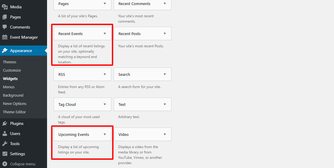 widgets do gerenciador de eventos wp