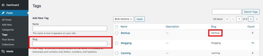 Exemplo de slug de tags do WordPress
