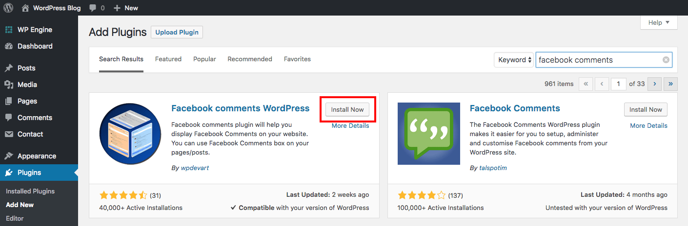 Instale o plugin WordPress de comentários do Facebook