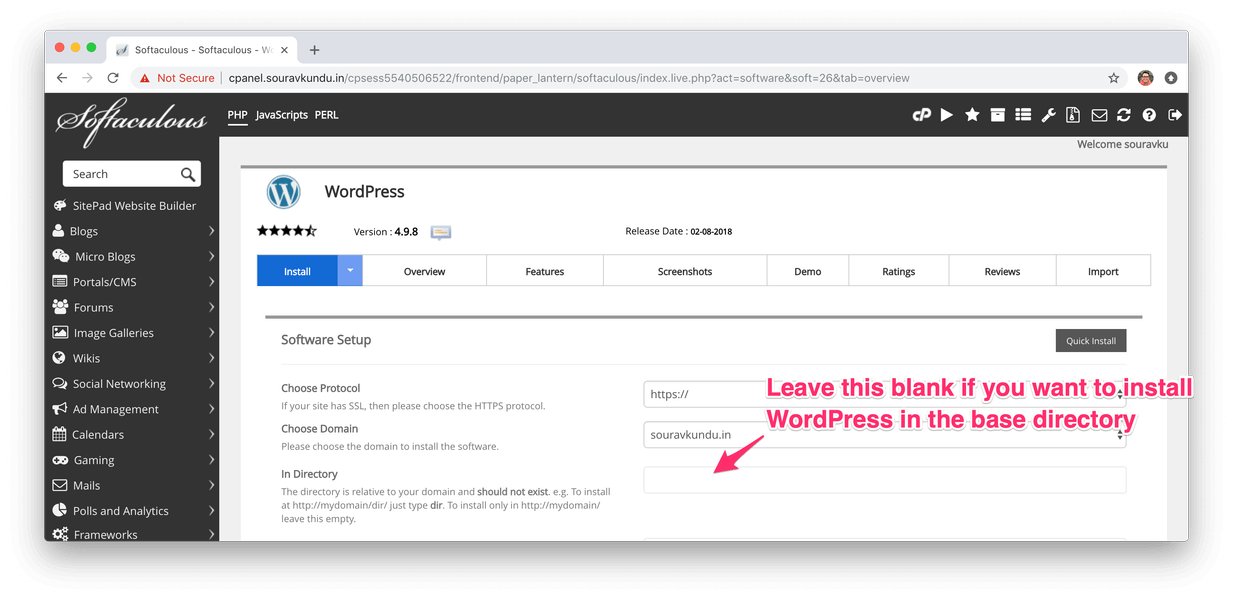 instale o wordpress com softaculous cpanel 3 install location information-2