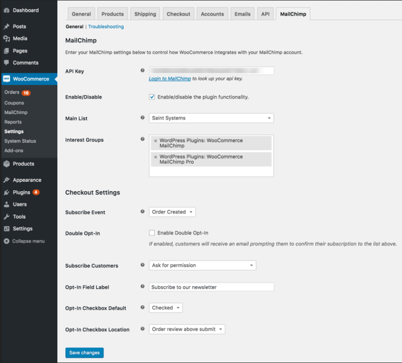 Configurações do WooCommerce MailChimp