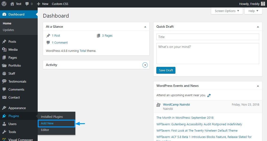 instalando um novo plugin wordpress