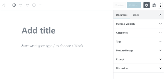 Editor do WordPress quando o modo de tela cheia está ativado