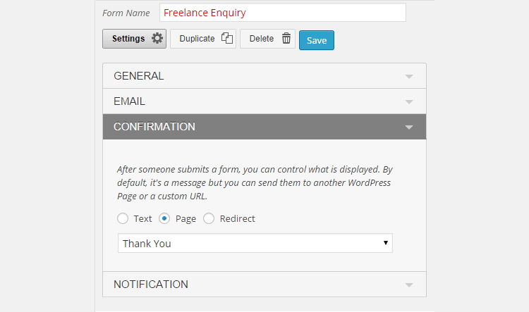 Configurações do Visual Form Builder