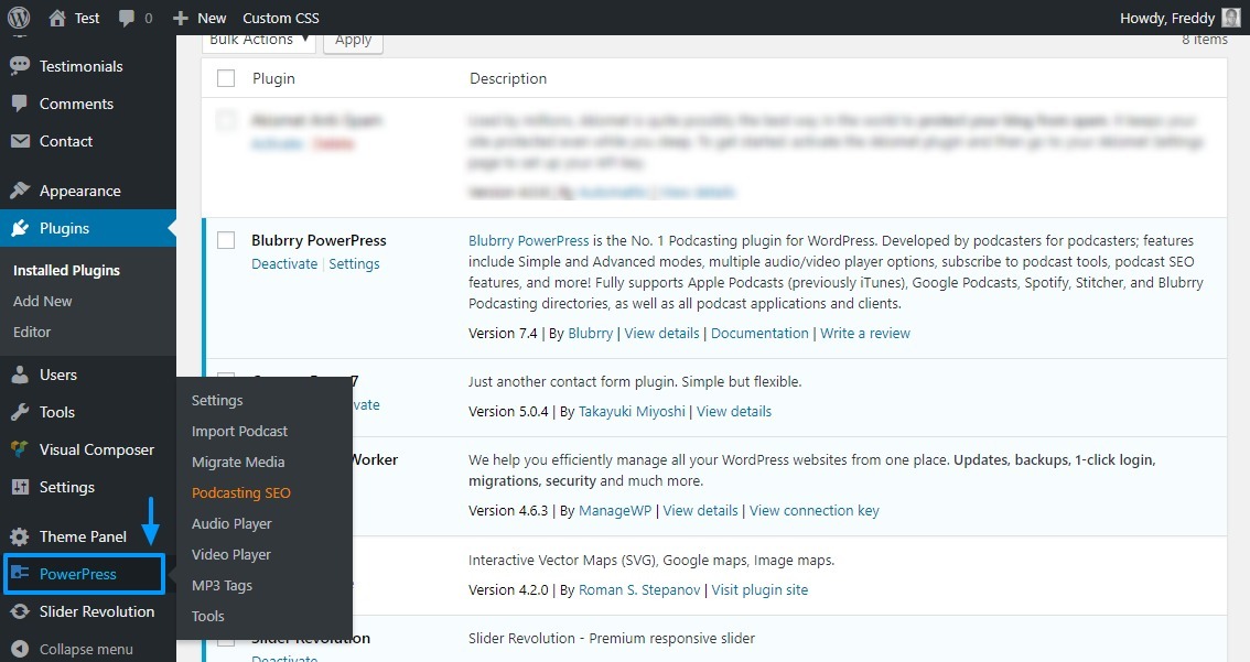 plugin de podcasting powerpress no menu de administração do wordpress