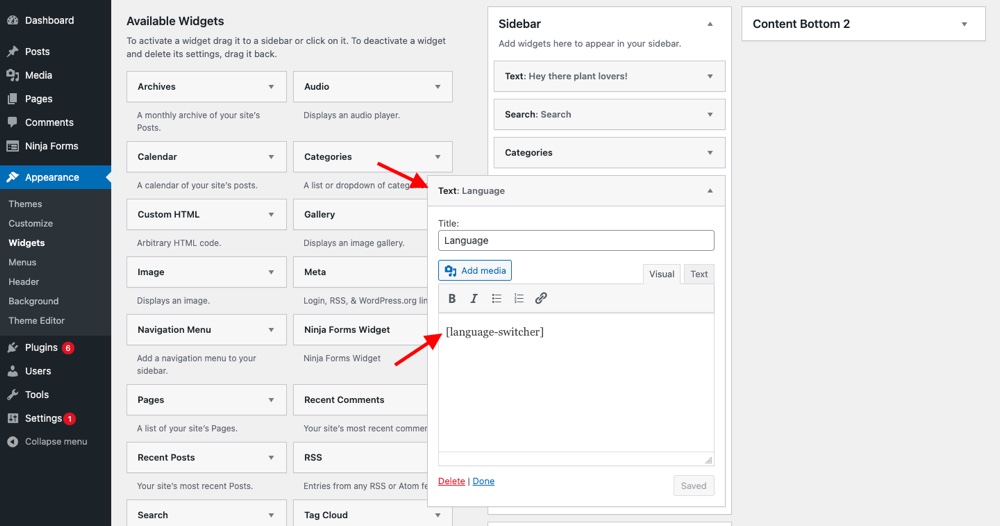 Shortcode do seletor de idioma