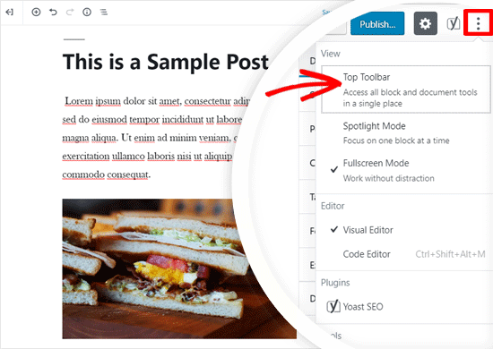 Opção de barra de ferramentas superior no editor do WordPress