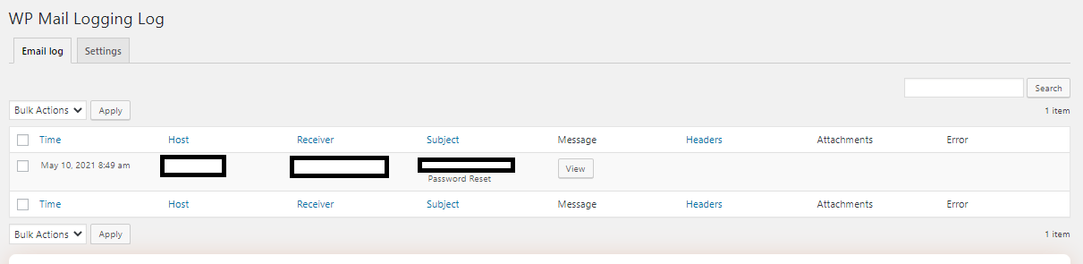 WP Mail Logging - Exemplo de Log