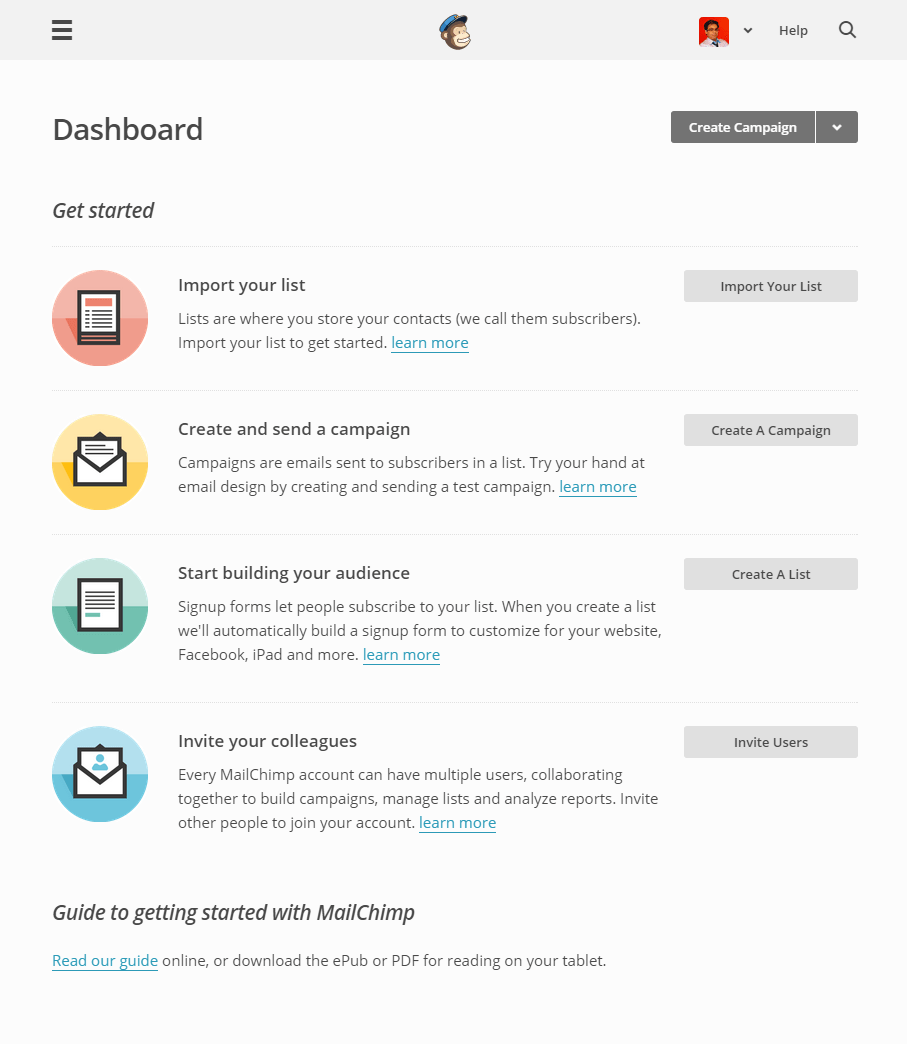 O painel do MailChimp