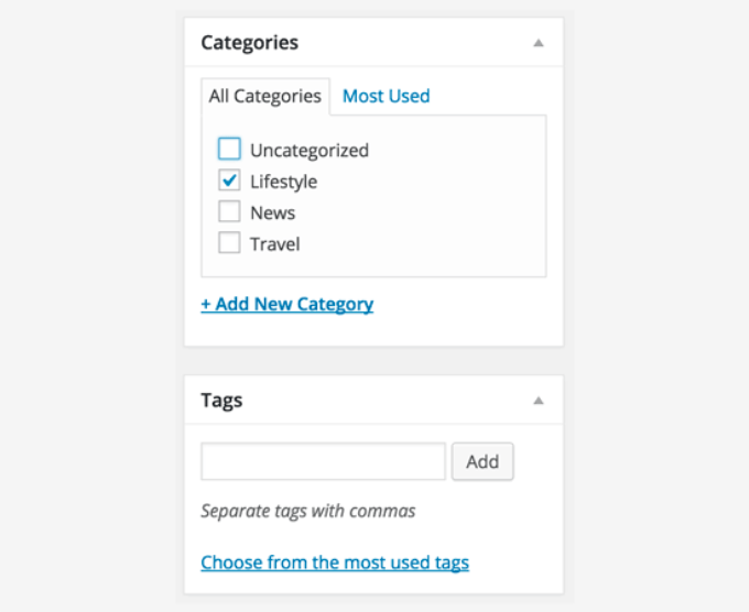 Categorias e tags no editor clássico