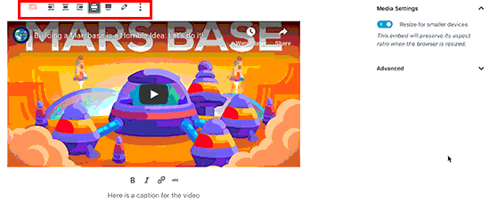 Barra de ferramentas e configurações do bloco de vídeo